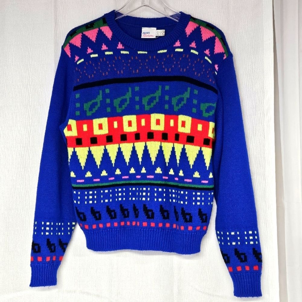 Vintage 90s Avon Fashions Bold Multi Color Abstract Pattern Long Sleeve Sweater